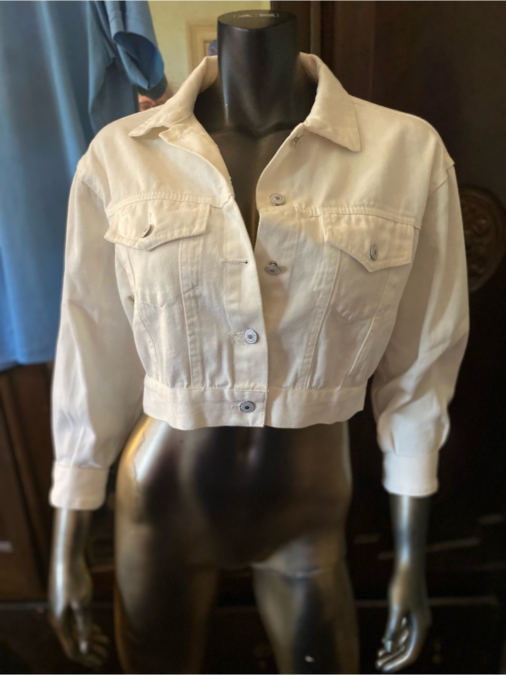 Cropped Women's Button-Front Jacket with fringe on the back of jacket &sleeves.